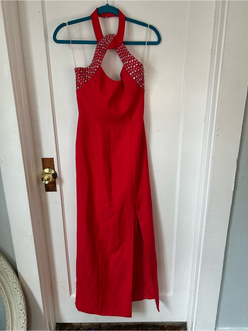 Red Halter Evening Gown with Embellished Neckline